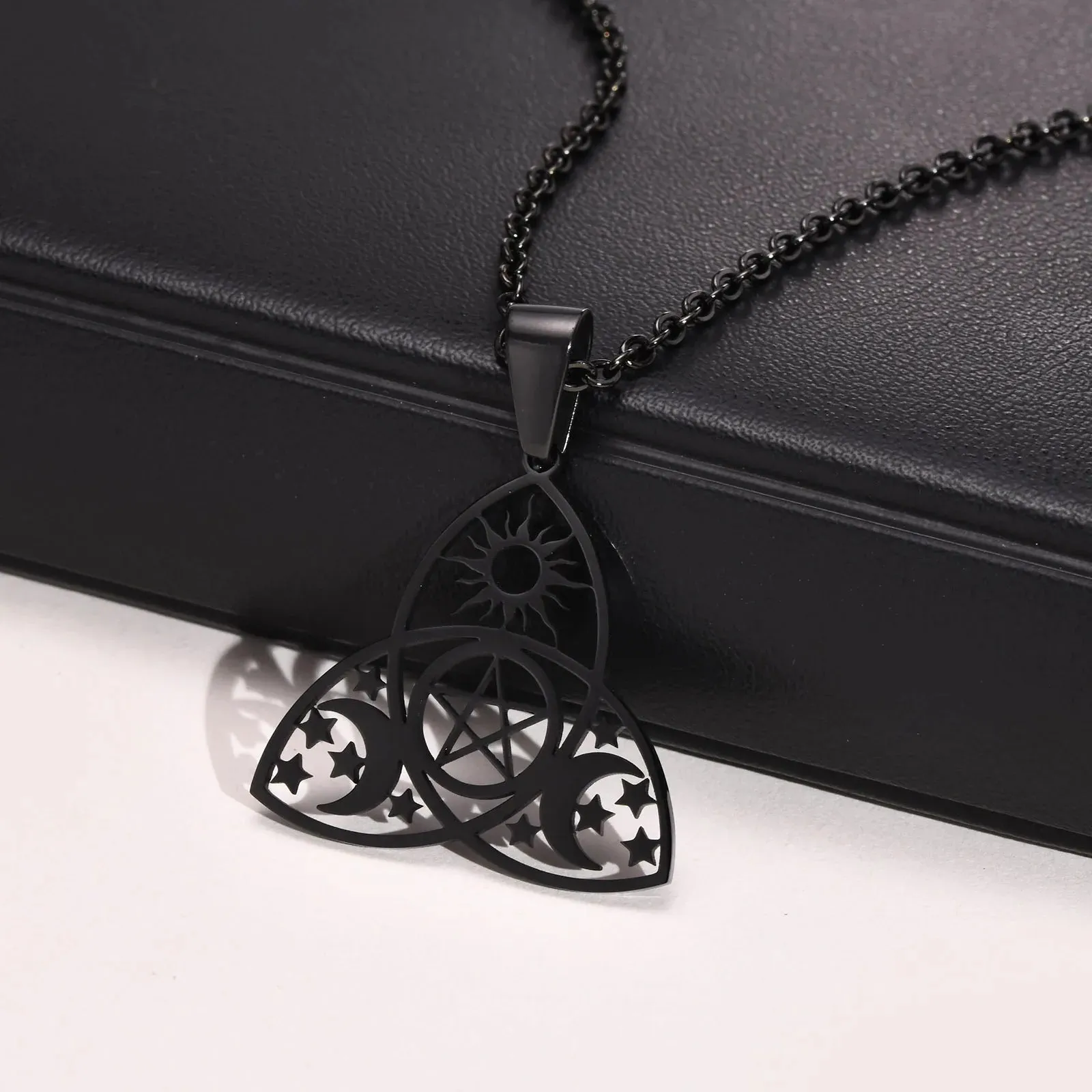 Men Waterproof Stainless Steel Triple Moon Goddess Necklaces