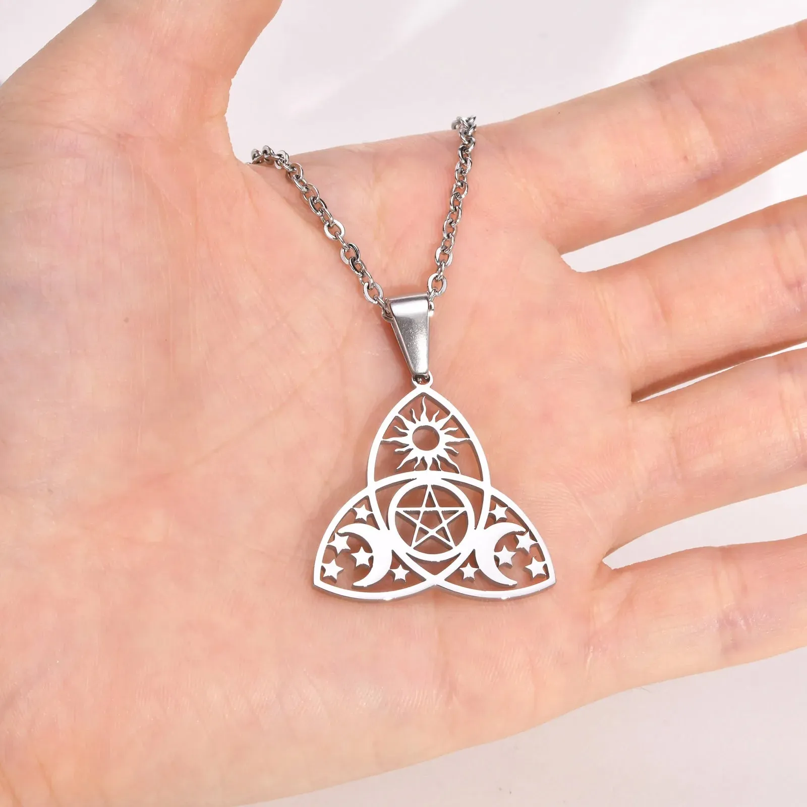 Men Waterproof Stainless Steel Triple Moon Goddess Necklaces