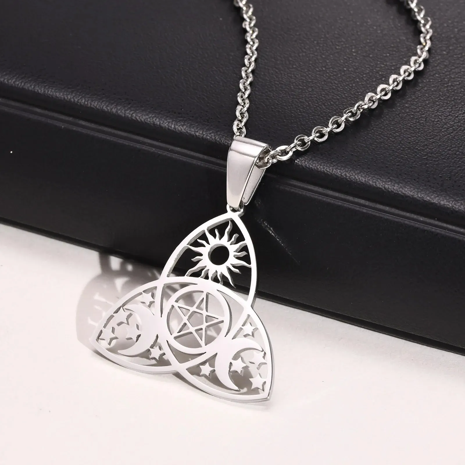 Men Waterproof Stainless Steel Triple Moon Goddess Necklaces