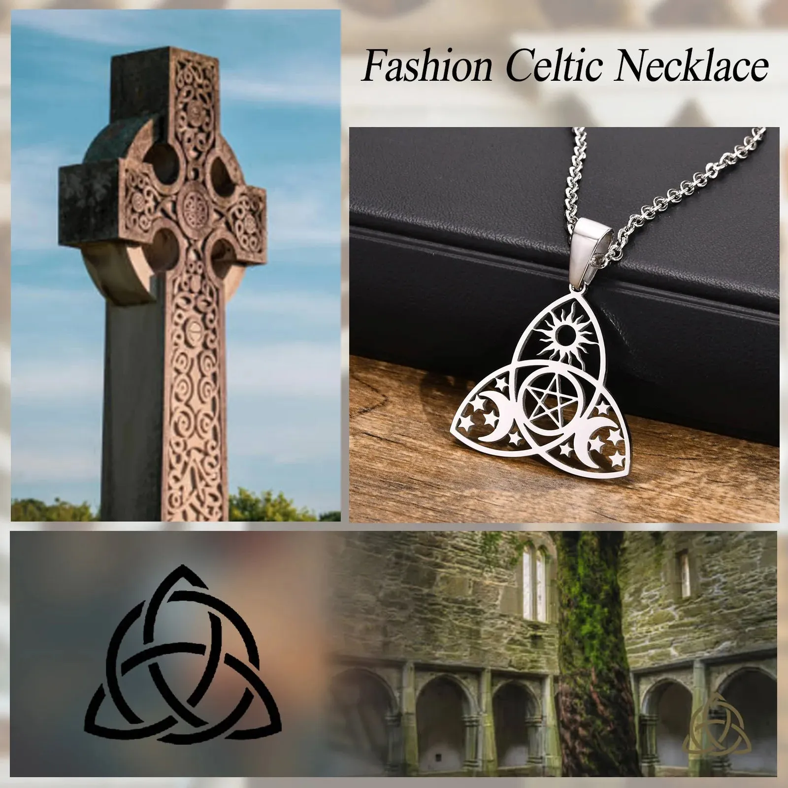 Men Waterproof Stainless Steel Triple Moon Goddess Necklaces
