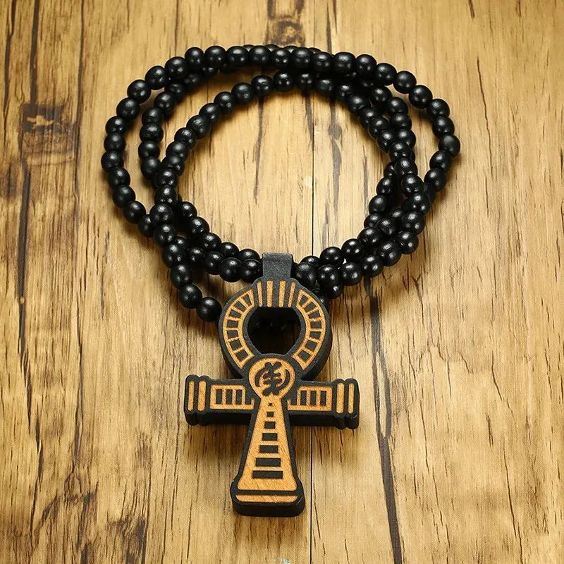 Men's Brown Wooden Ankh Cross Pendant with a 35 Inch Wood Beaded Necklace