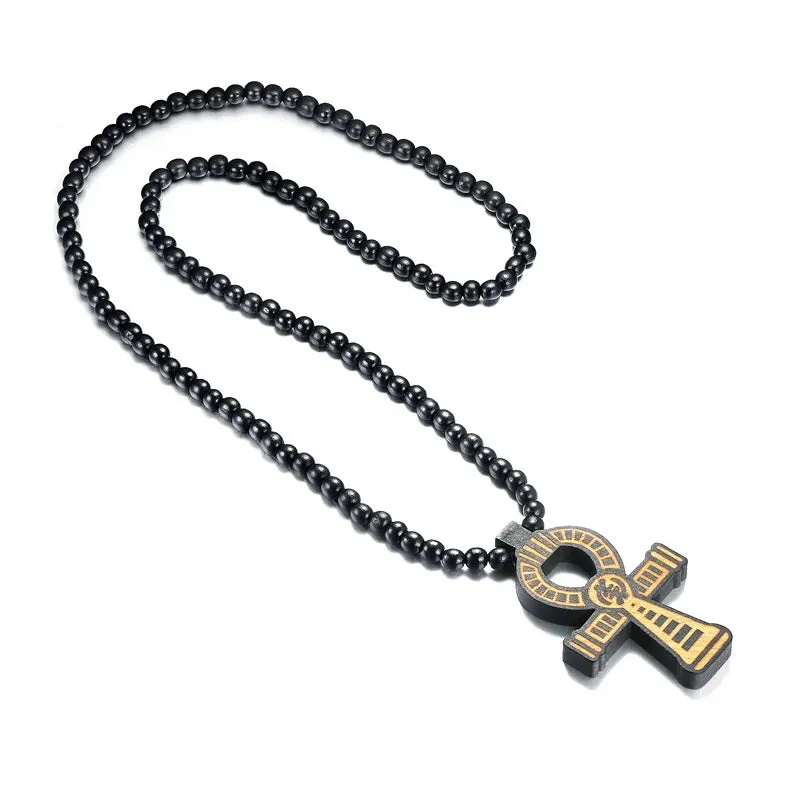 Men's Brown Wooden Ankh Cross Pendant with a 35 Inch Wood Beaded Necklace