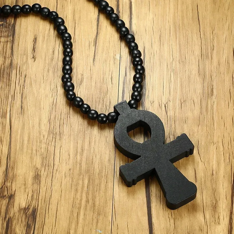 Men's Brown Wooden Ankh Cross Pendant with a 35 Inch Wood Beaded Necklace