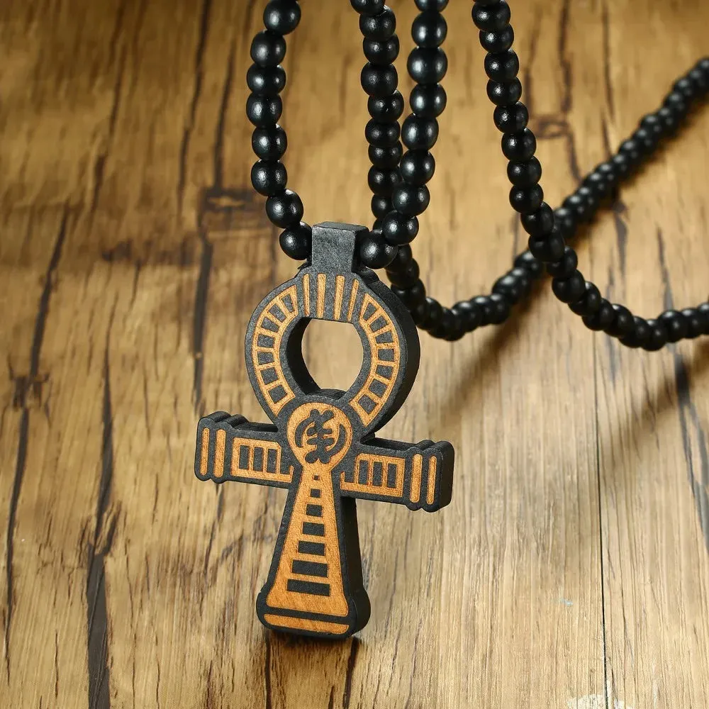 Men's Brown Wooden Ankh Cross Pendant with a 35 Inch Wood Beaded Necklace