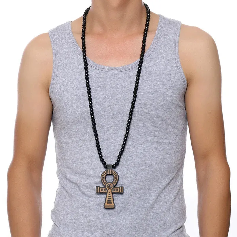 Men's Brown Wooden Ankh Cross Pendant with a 35 Inch Wood Beaded Necklace