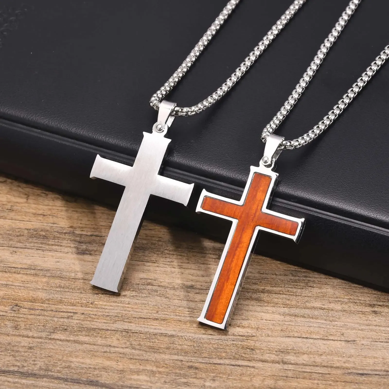 Mens Cross Necklaces,Black Color Carbon Fiber Pendant,Wood Cross Pendant