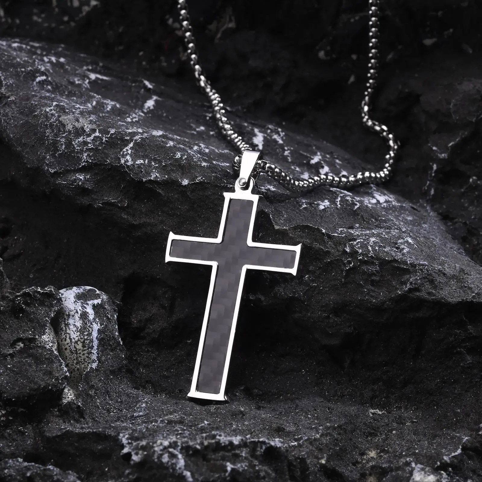 Mens Cross Necklaces,Black Color Carbon Fiber Pendant,Wood Cross Pendant