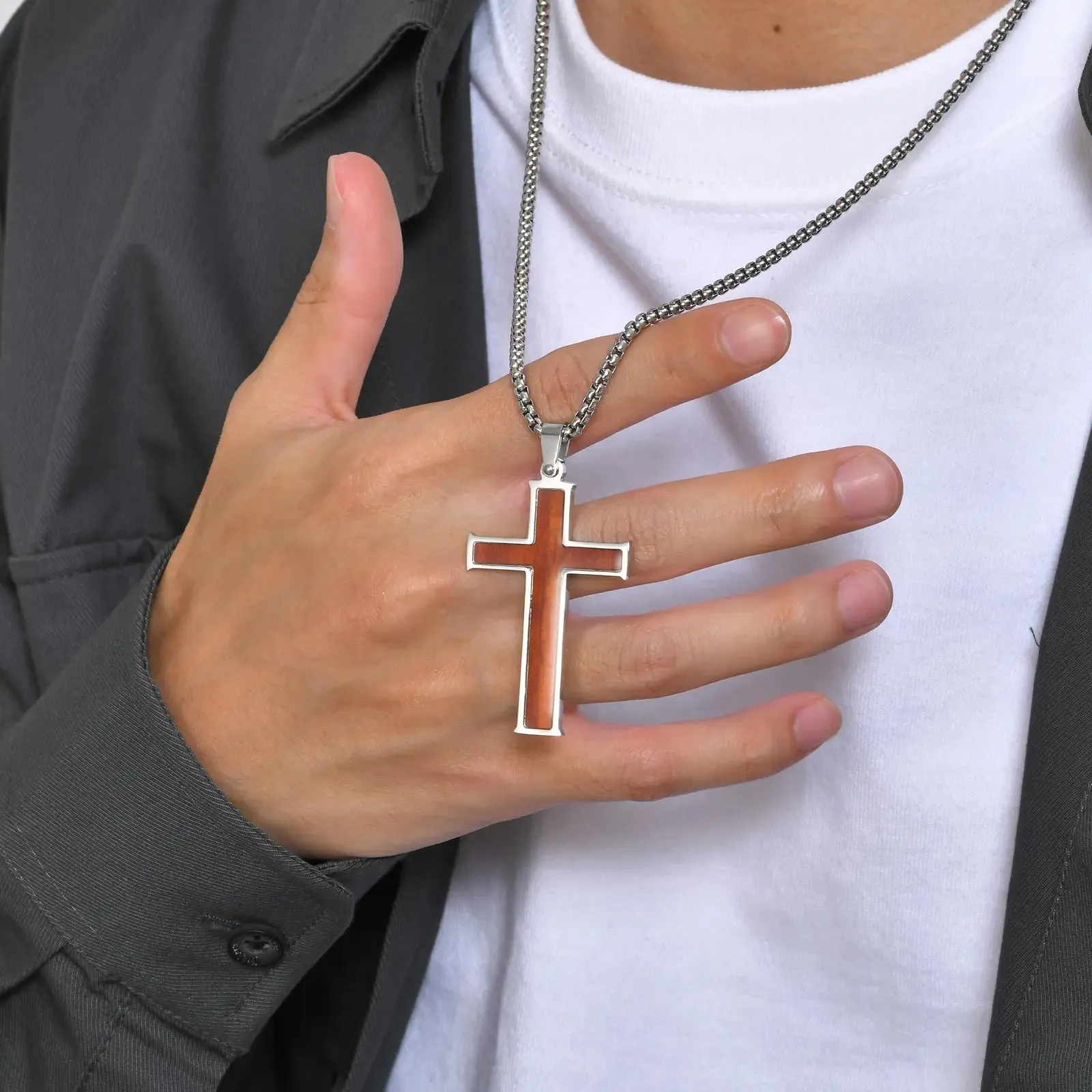 Mens Cross Necklaces,Black Color Carbon Fiber Pendant,Wood Cross Pendant
