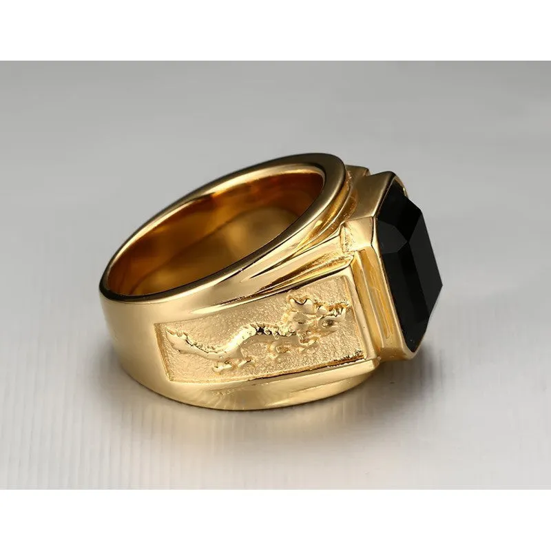 Men's Gold Plated Ring Black Large Agate Stone 316L Stainless Steel Jewelry For Men Rhineston Charm Wedding Dragon Rings Men