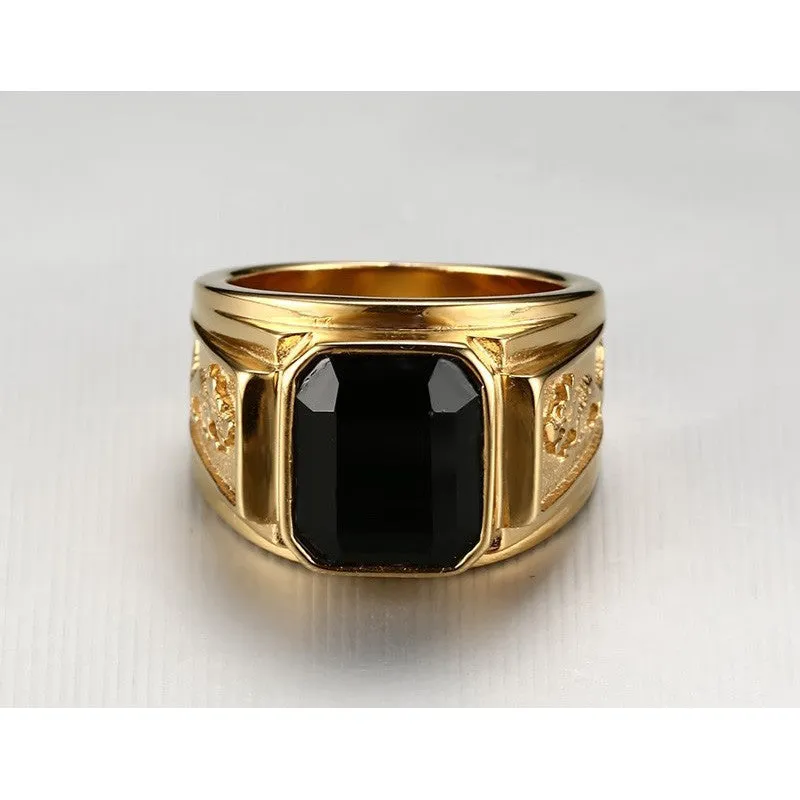 Men's Gold Plated Ring Black Large Agate Stone 316L Stainless Steel Jewelry For Men Rhineston Charm Wedding Dragon Rings Men