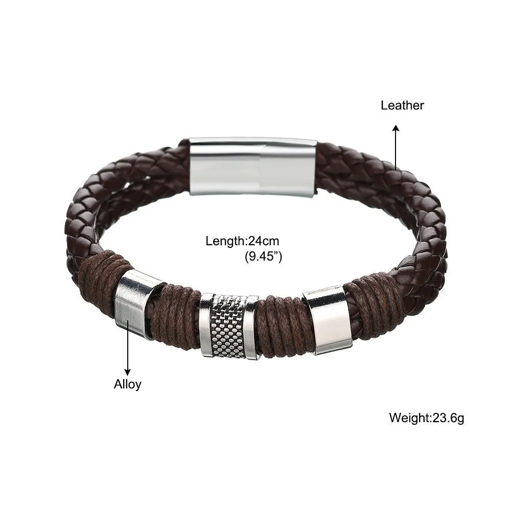 Mens Multilayer Braided Leather &amp; Stainless Steel Bars Magnetic Clasp Bracelets