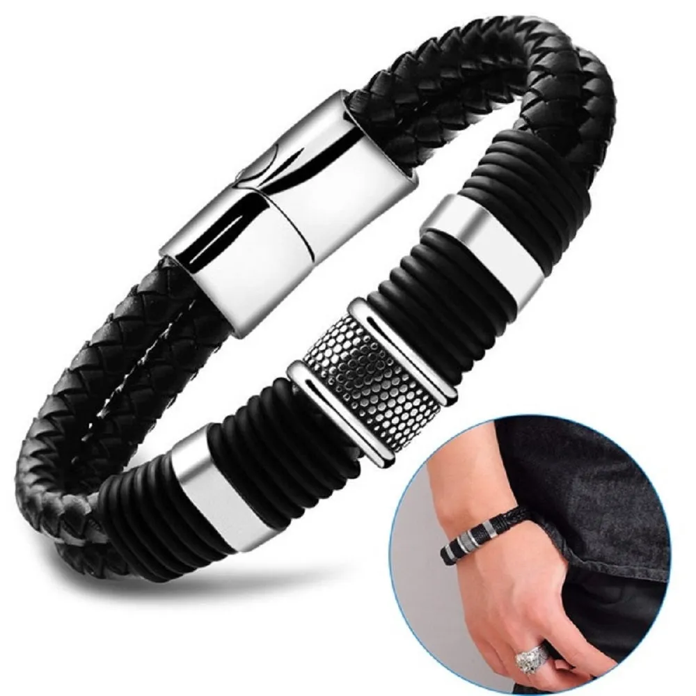 Mens Multilayer Braided Leather &amp; Stainless Steel Bars Magnetic Clasp Bracelets