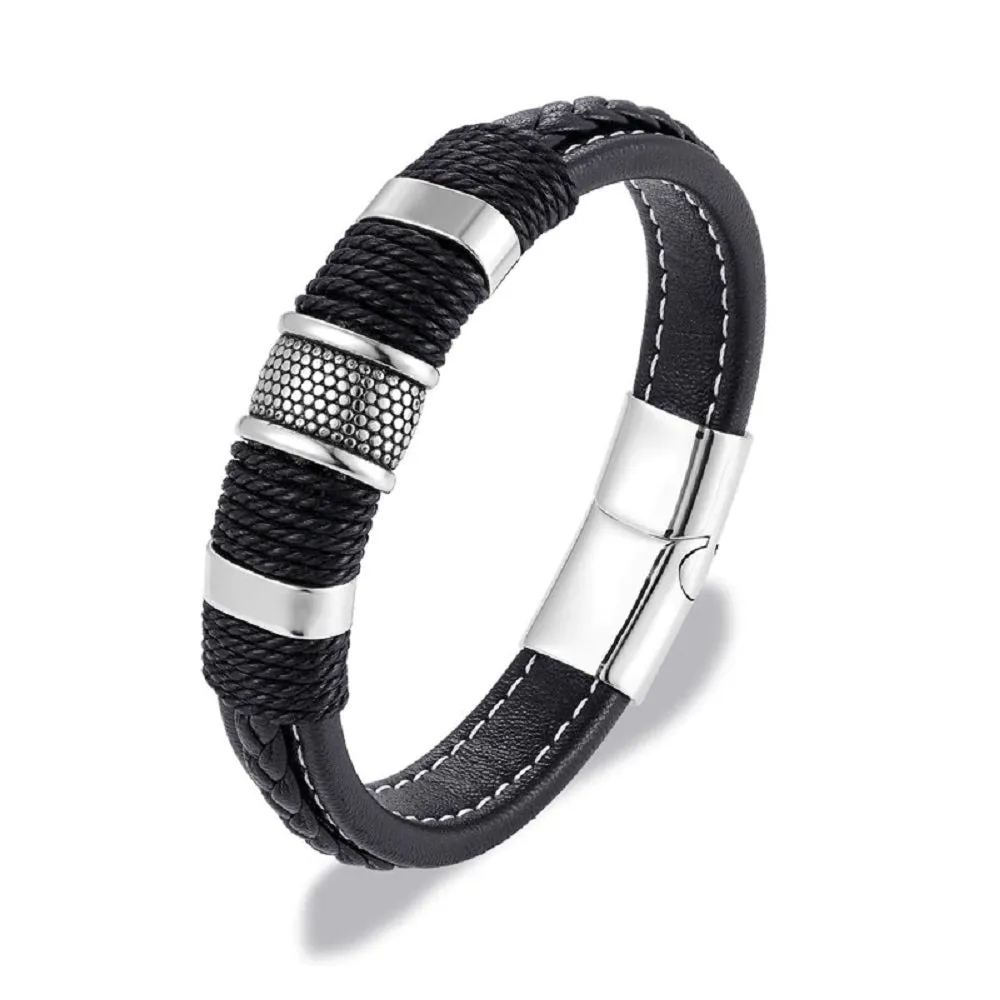 Mens Multilayer Braided Leather &amp; Stainless Steel Bars Magnetic Clasp Bracelets