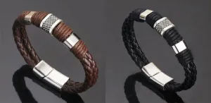 Mens Multilayer Braided Leather &amp; Stainless Steel Bars Magnetic Clasp Bracelets