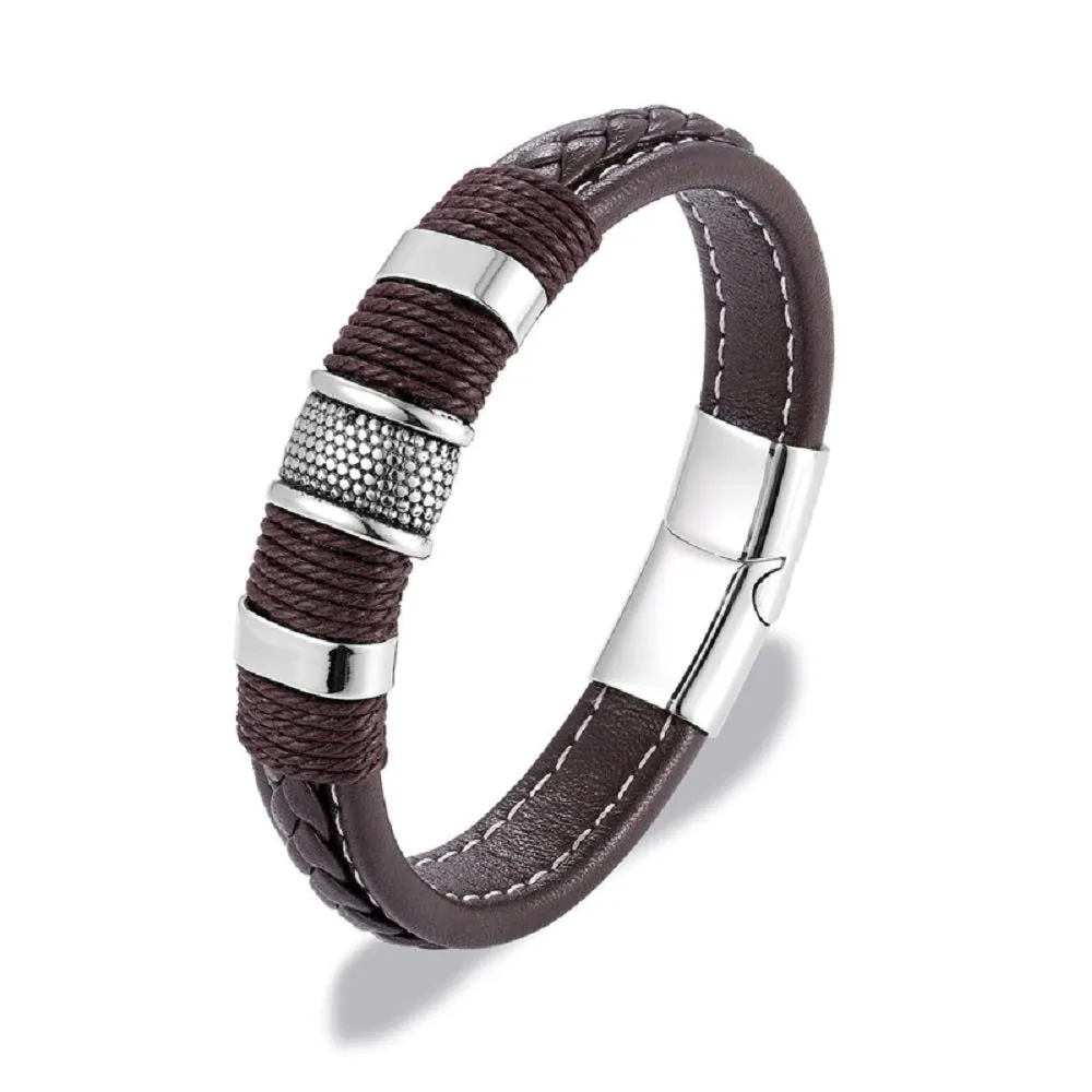 Mens Multilayer Braided Leather &amp; Stainless Steel Bars Magnetic Clasp Bracelets