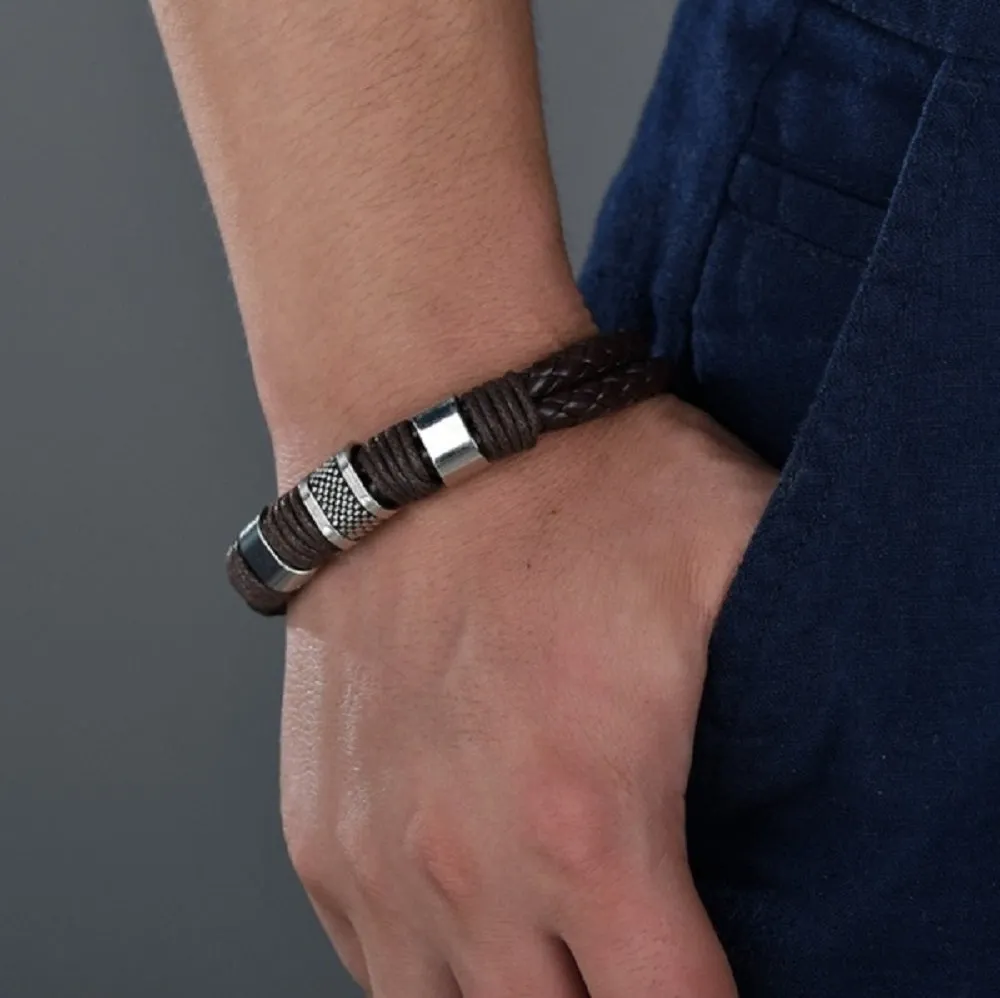 Mens Multilayer Braided Leather &amp; Stainless Steel Bars Magnetic Clasp Bracelets