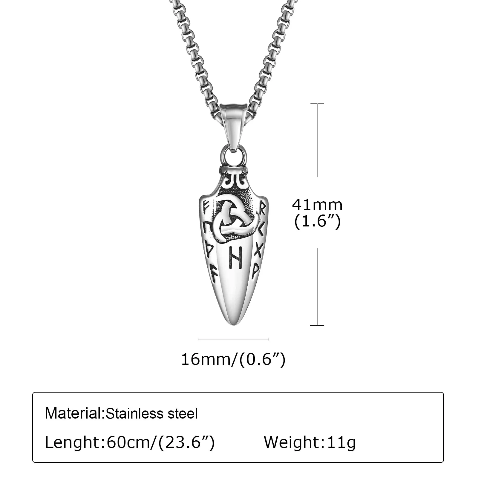 Mens Triangular Spear Necklaces, Waterproof Stainless Steel Norse Viking Pendant Collar