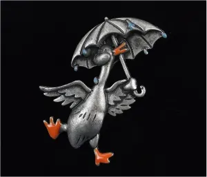 Mint Enameled Duck In The Rain Pendant or Brooch Pin