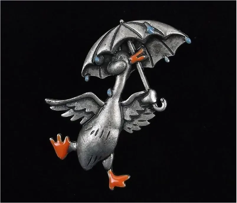 Mint Enameled Duck In The Rain Pendant or Brooch Pin