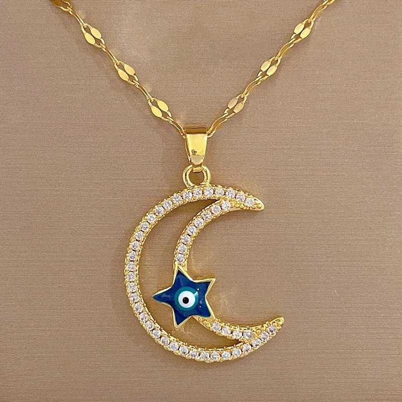 Moon Star Turkey Devil&#39;s Eye Shaped Pendant Necklace For Women