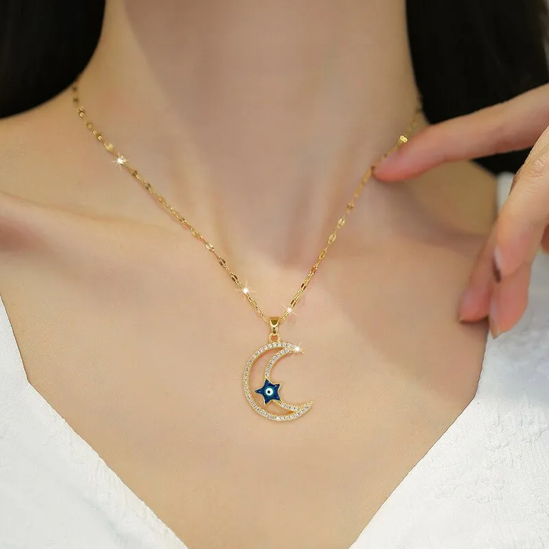 Moon Star Turkey Devil&#39;s Eye Shaped Pendant Necklace For Women