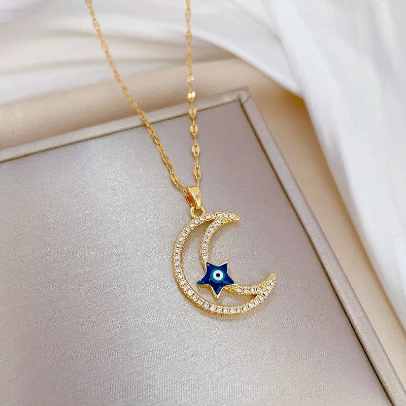Moon Star Turkey Devil&#39;s Eye Shaped Pendant Necklace For Women