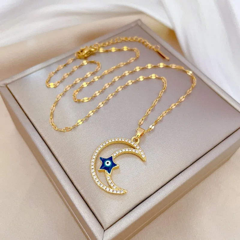 Moon Star Turkey Devil&#39;s Eye Shaped Pendant Necklace For Women