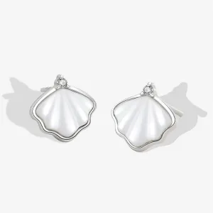 Mother of Pearl Rhodium Plated Cubic Zirconia Ginkgo Leaf Stud Earrings