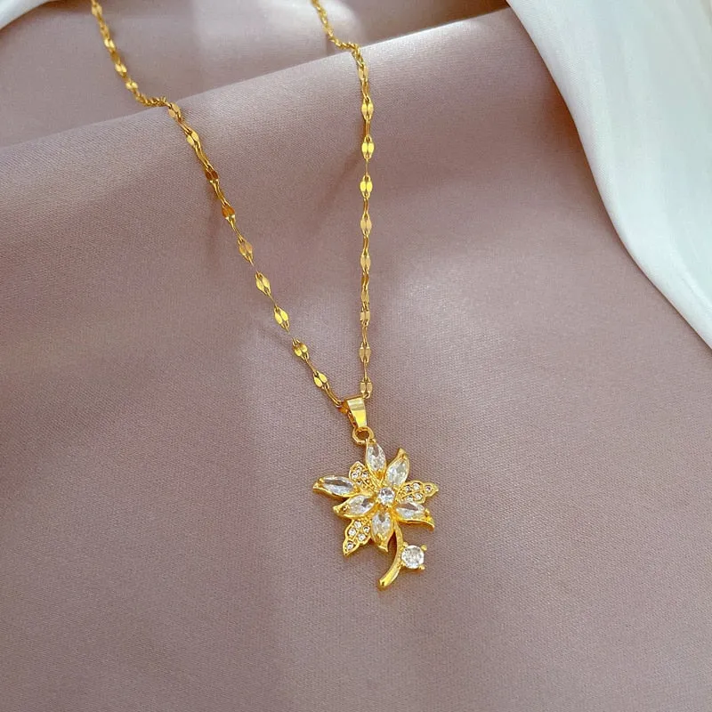 Necklace Shine Full Crystal Flower Daisy Pendant Necklaces Elegant Women