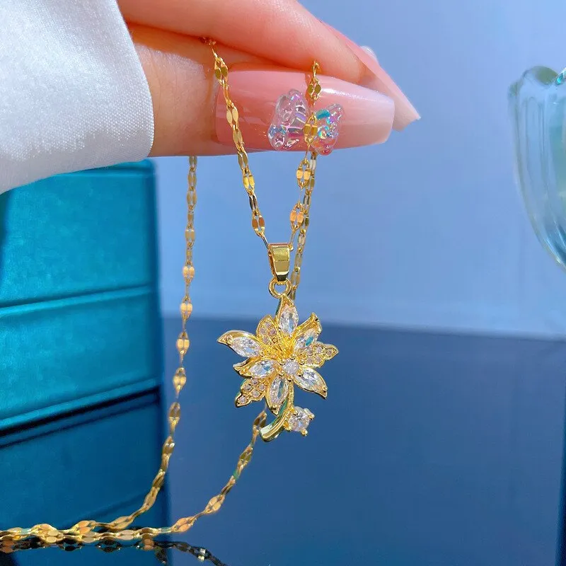 Necklace Shine Full Crystal Flower Daisy Pendant Necklaces Elegant Women
