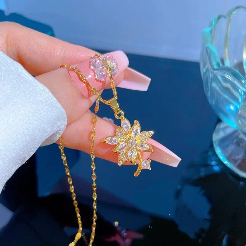 Necklace Shine Full Crystal Flower Daisy Pendant Necklaces Elegant Women
