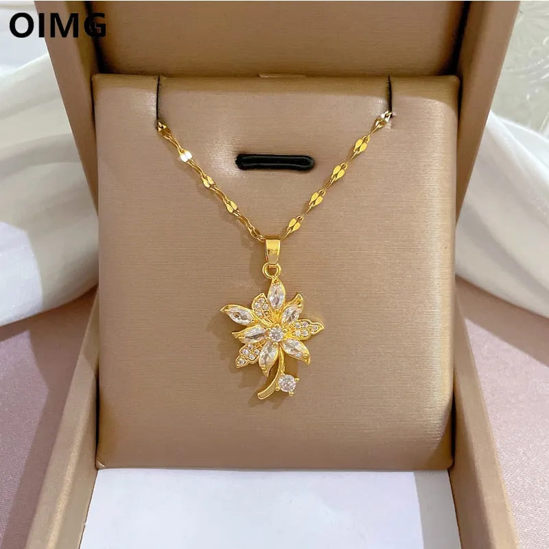 Necklace Shine Full Crystal Flower Daisy Pendant Necklaces Elegant Women