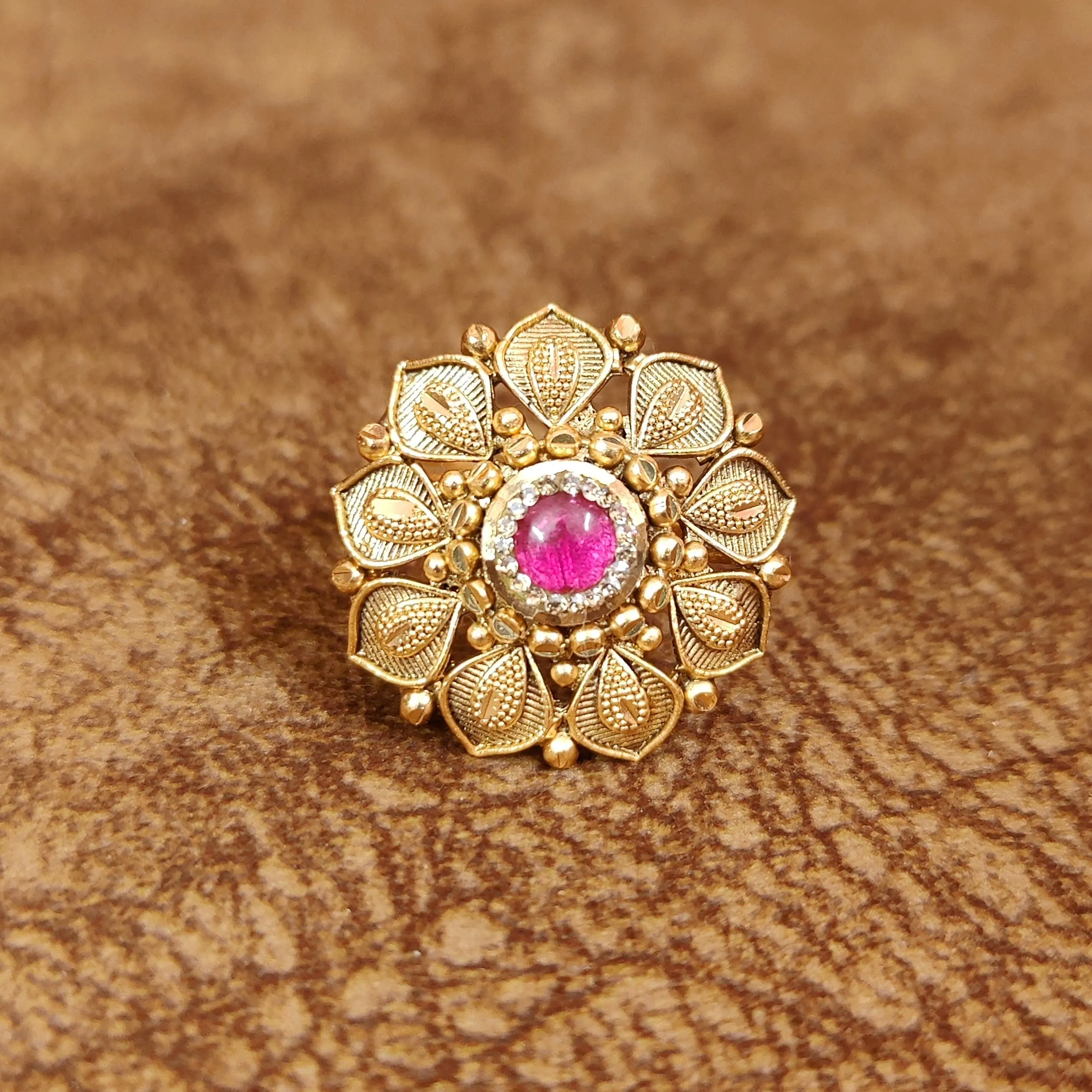 PINK MATT GOLD LOOK ANTIQUE ADJUSTABLE RING