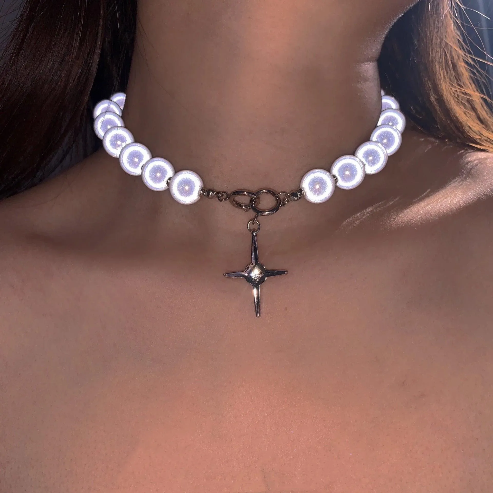 Radiant Cross Luminous Beads Pearl Necklace