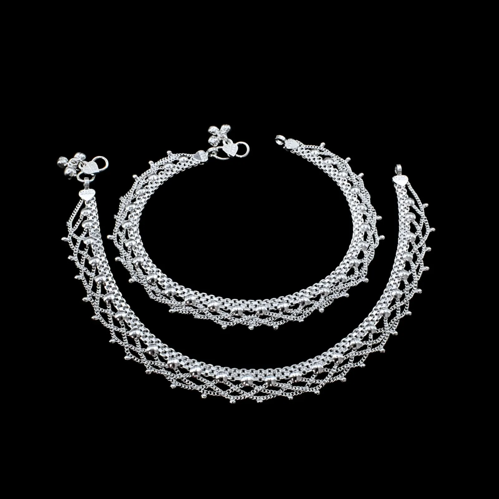 Real Silver Indian Women amazing Jhallar Anklets Ankle Pair 10.3"
