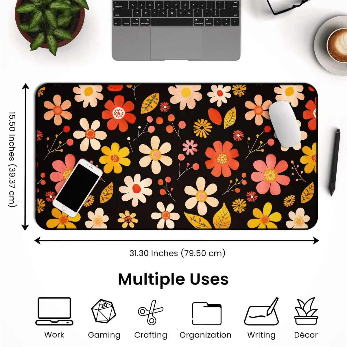 Retro Floral Desk Mat – Vintage Flower Design Large Mouse Pad for Office & Gaming