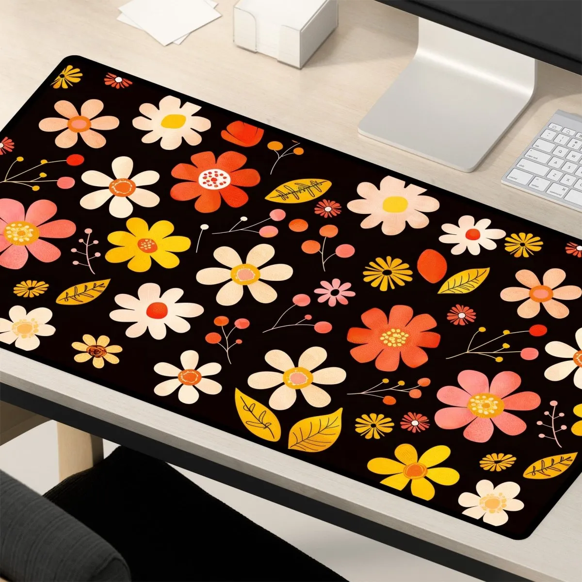 Retro Floral Desk Mat – Vintage Flower Design Large Mouse Pad for Office & Gaming
