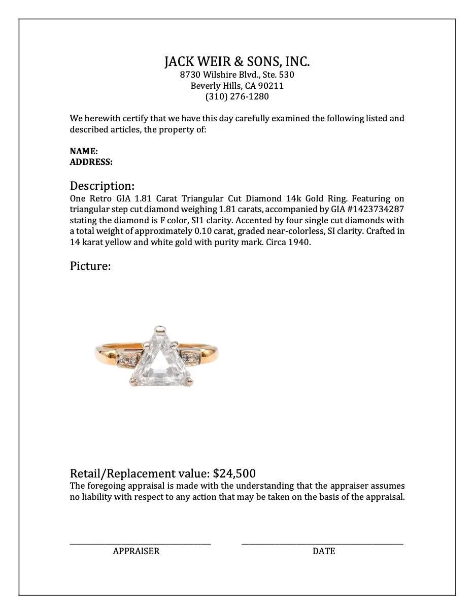Retro GIA 1.81 Carat Triangular Cut Diamond 14k Gold Ring