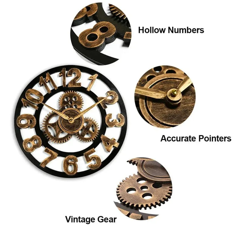 Retro Industrial Gear Design Wooden Wall Clock