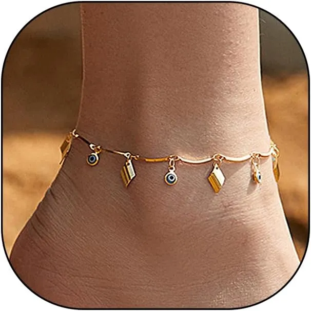 Rrdaily 18K Gold Evil Eye Hamsa Anklets, Classic Adjustable Fatima Hand Thin Chain Anklets, Protection Blessing Lucky Jewelry Gifts for Women
