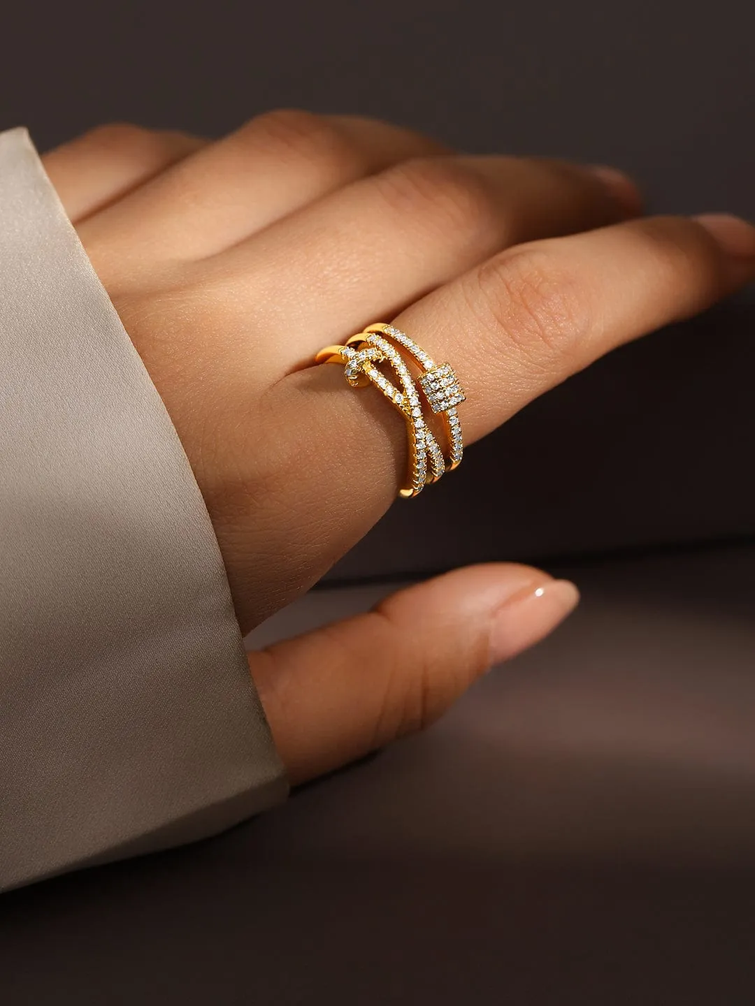 Rubans 18K Gold-Plated Cubic Zirconia Studded Adjustable Knot Motif Ring