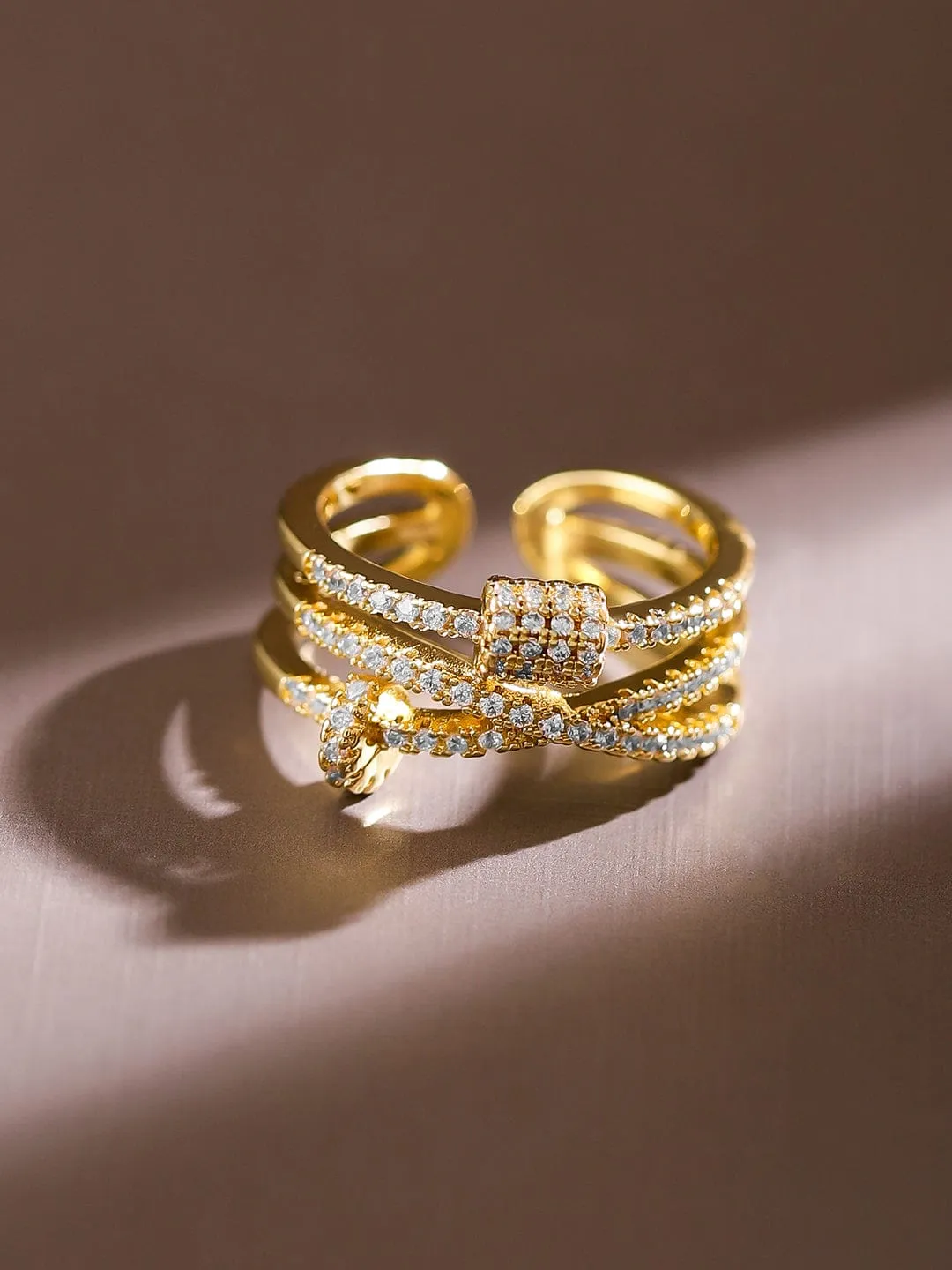 Rubans 18K Gold-Plated Cubic Zirconia Studded Adjustable Knot Motif Ring
