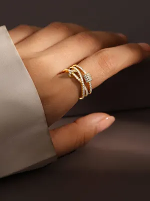 Rubans 18K Gold-Plated Cubic Zirconia Studded Adjustable Knot Motif Ring