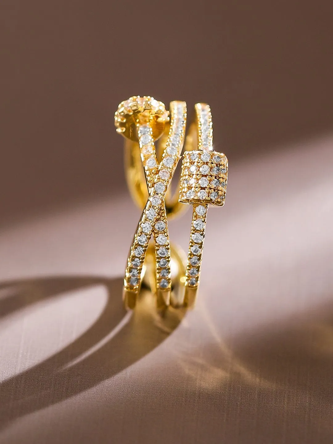 Rubans 18K Gold-Plated Cubic Zirconia Studded Adjustable Knot Motif Ring