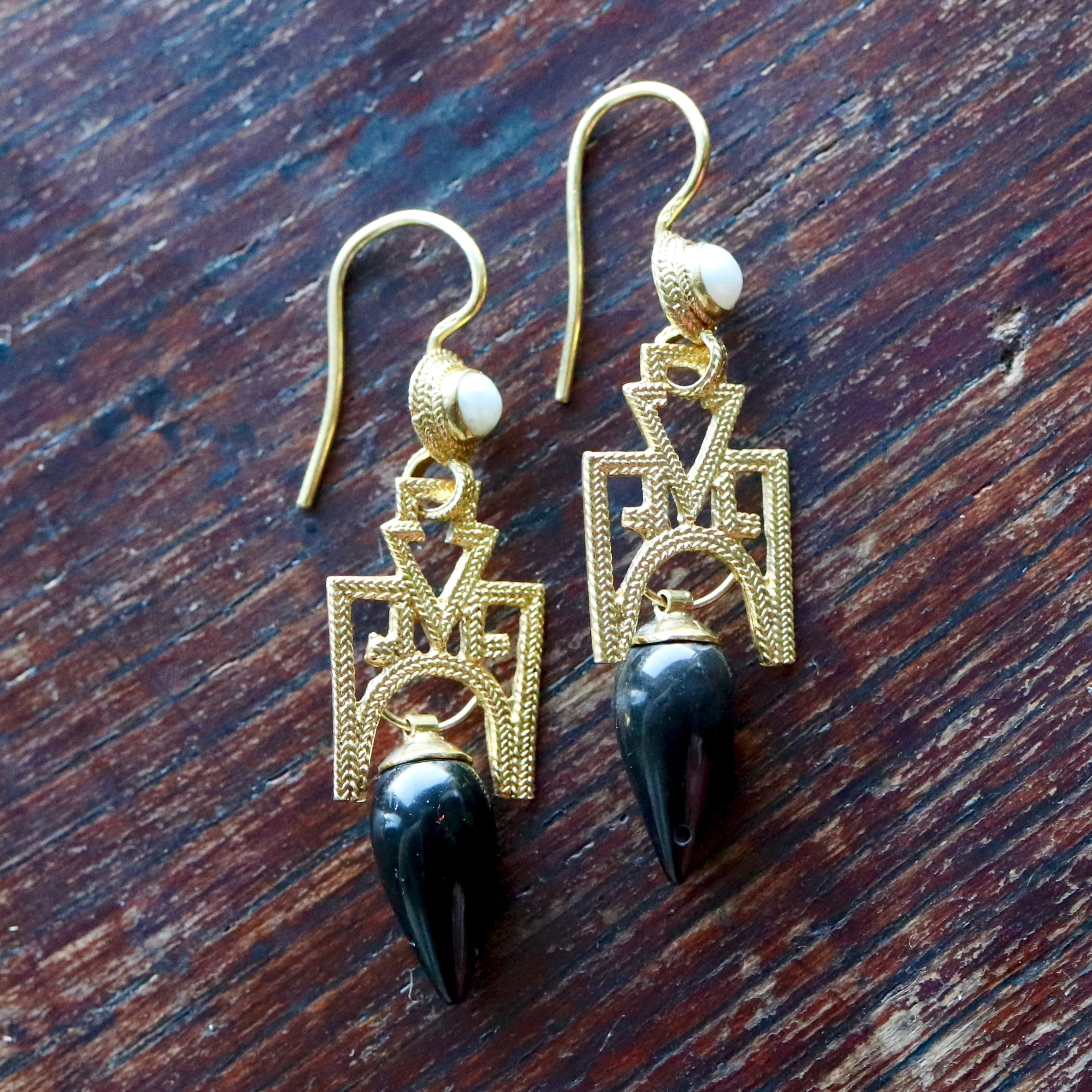 Russian Deco Onyx Screw Back Earrings