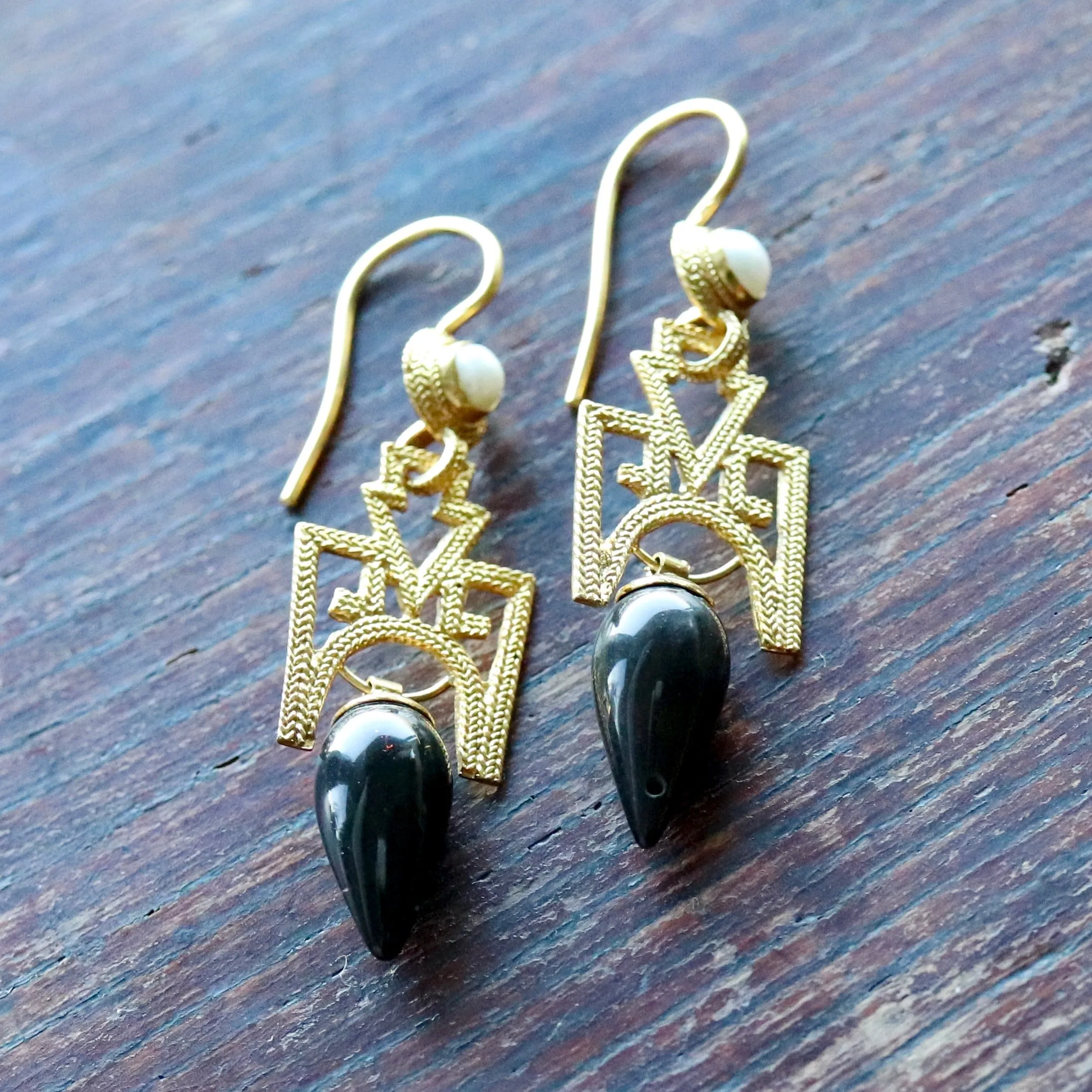Russian Deco Onyx Screw Back Earrings