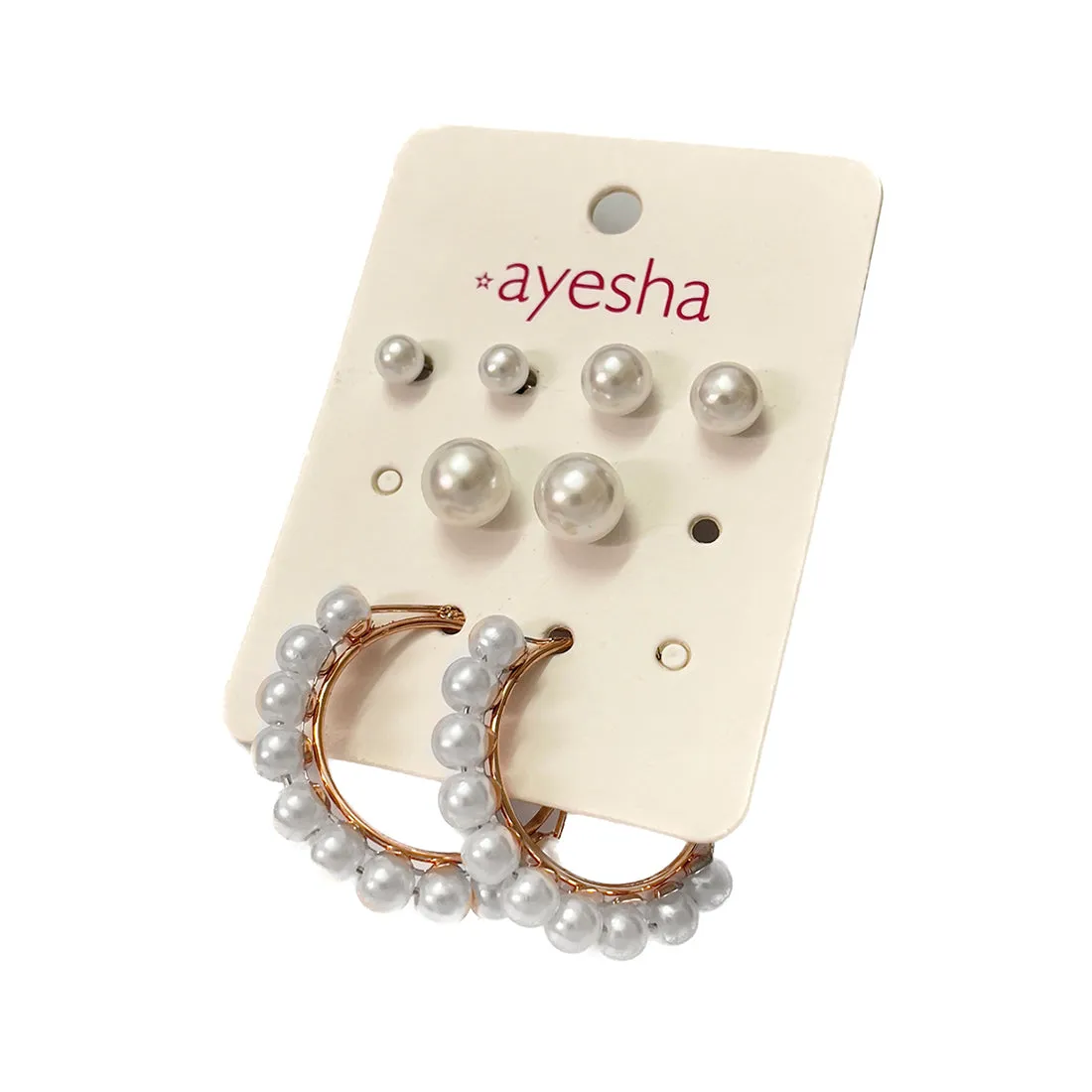 Set Of 4 Pearl Studs In Different Sizes & Rose Gold-Toned Pearl Studded Hoop Earrings