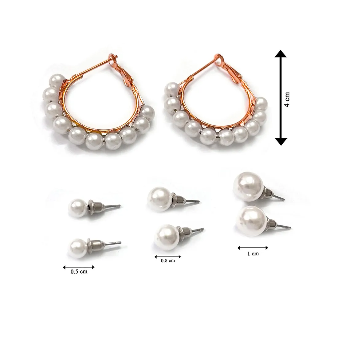 Set Of 4 Pearl Studs In Different Sizes & Rose Gold-Toned Pearl Studded Hoop Earrings