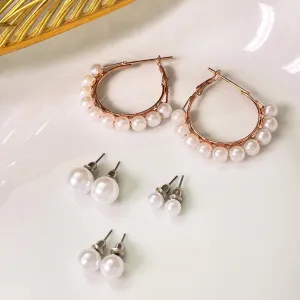Set Of 4 Pearl Studs In Different Sizes & Rose Gold-Toned Pearl Studded Hoop Earrings