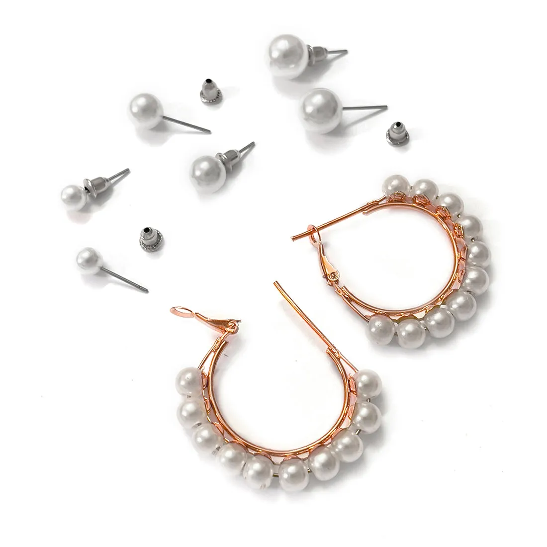 Set Of 4 Pearl Studs In Different Sizes & Rose Gold-Toned Pearl Studded Hoop Earrings